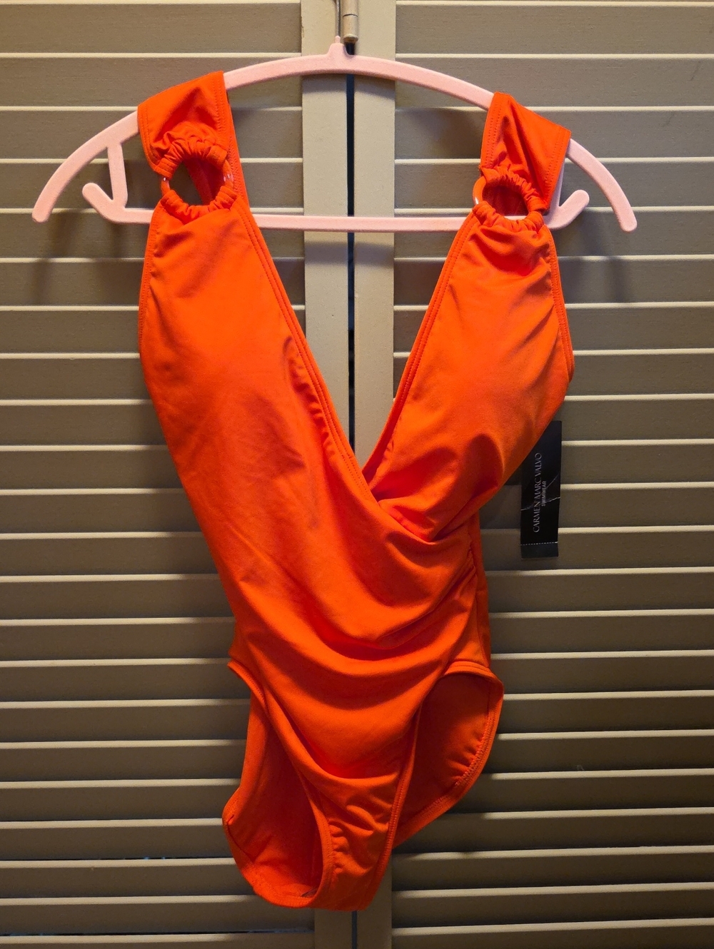 Carmen Marc Valvo V-Neck One-Piece Swimsuit in Bright Orange